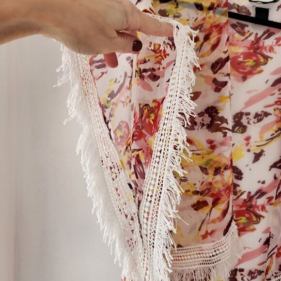 Steve Madden Sheer Floral Topper Kimono Swim Cover Fringe Trim Women's OS - Picture 3 of 7